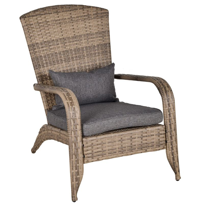 Outsunny Patio Adirondack Chair with All-Weather Rattan Wicker, Soft Cushions, Tall Curved Backrest for Deck or Garden, Light Gray