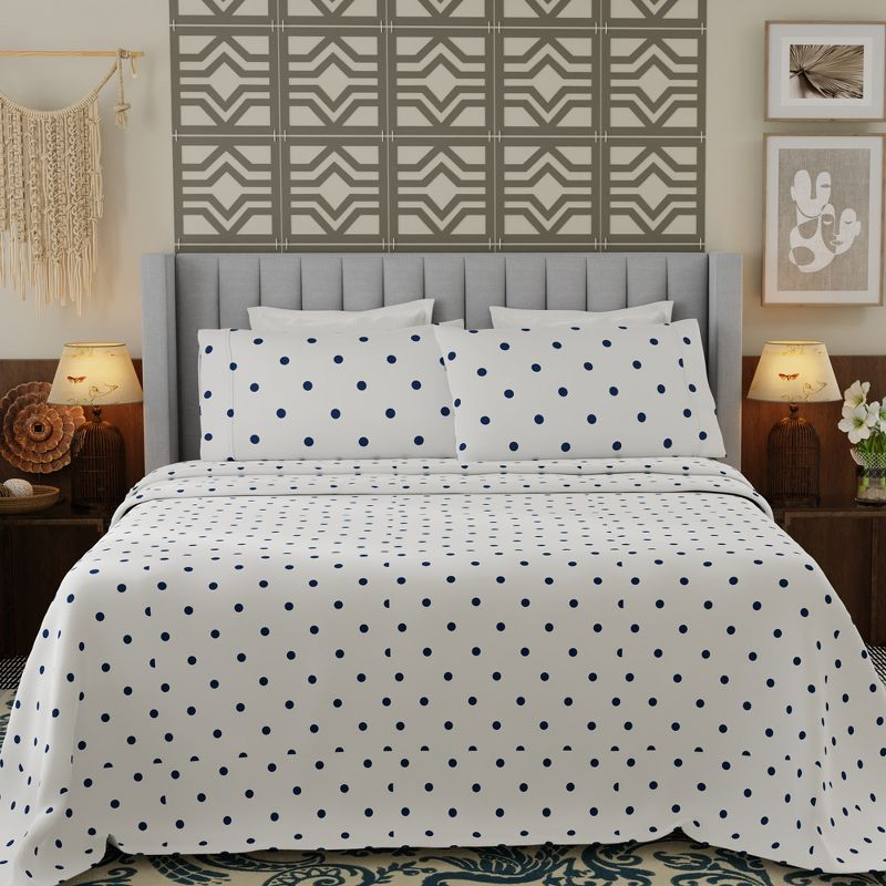 Color Sense Percale Weave Cool & Crisp Cotton Rich Sheet Set, Queen, Polka Dot Navy, 4 piece