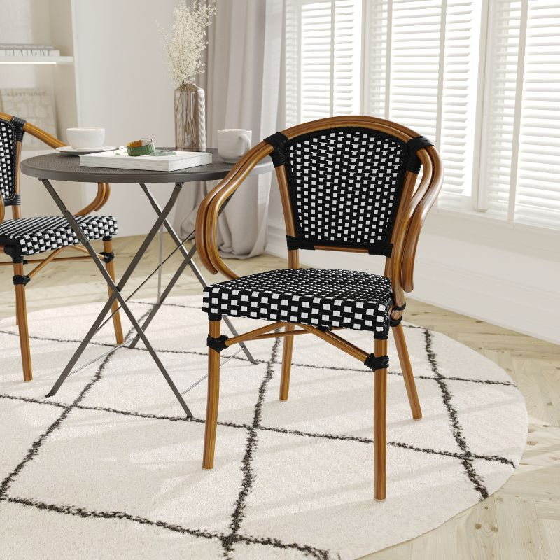 Emma & Oliver Soie Indoor/Outdoor Stacking Thonet Bistro Style Chair with Arms, Black & White PE Rattan Seat and Natural Bamboo Finished Metal Frame