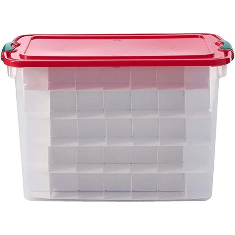 HOMZ 112-Quart Holiday Clear Plastic Ornament Storage, Red/Green, 4 Pack