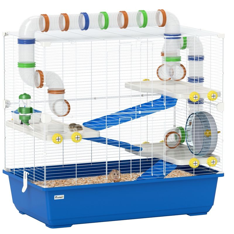 PawHut Hamster Cage, 4 Tier Small Animal Cage Rat Cage with Tunnel Tube System, Hut, Exercise Wheel, Water Bottle, Food Dish, for Syrian, Gerbil, Blue