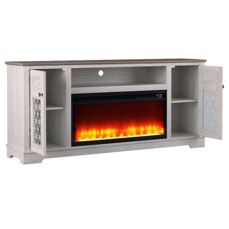 Festivo Farmhouse 70" TV Stand for TVs up to 70" with Fireplace Saw Cut Off White