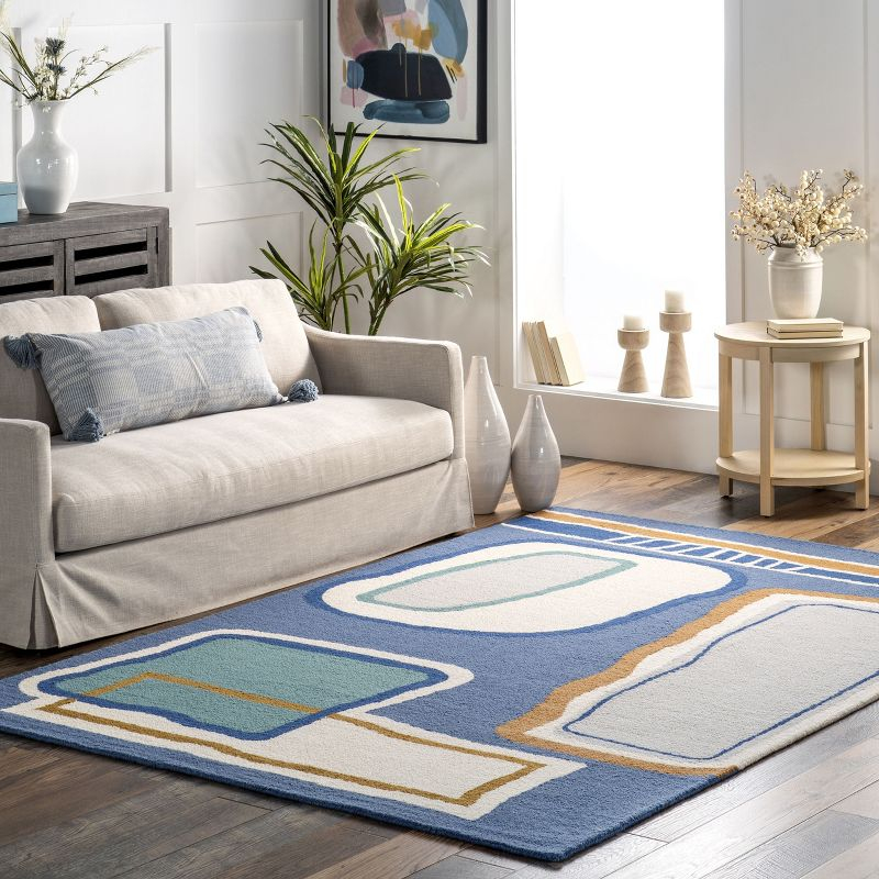 Nuloom Terica Abstract 4x6 Wool Indoor Area Rug for Living Room Bedroom Dining Room Kitchen, Blue/Ivory