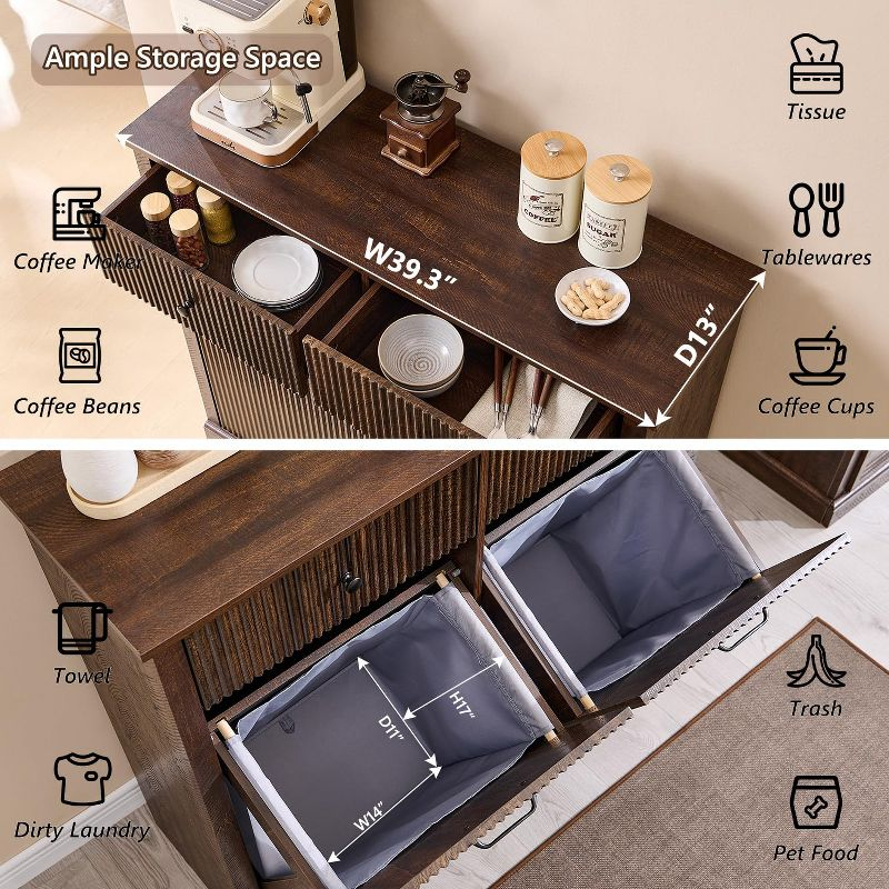 Tilt-Out Trash Cabinet, Hidden Trash Can with 20 Gallon Storage, Wooden Hidden Garbage Can Cabinet with 2 Drawers for Kitchen & Living Room, Brown