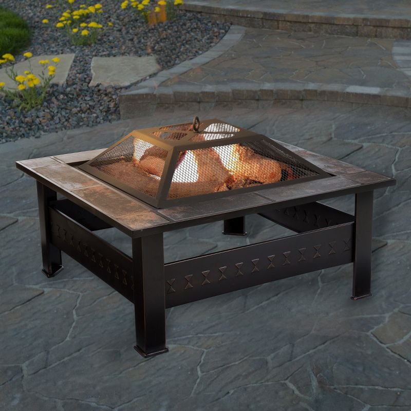 Nature Spring 32" Square Outdoor Fire Pit - Bronze Finish, Black/Orange Tiles