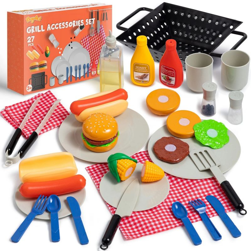 Joyfy 27 Pcs Kids Kitchen Toy Playset, BBQ Grill Pretend Play Food Sets, Gift for Toddlers 2 3 4 Years Old Girls Boys
