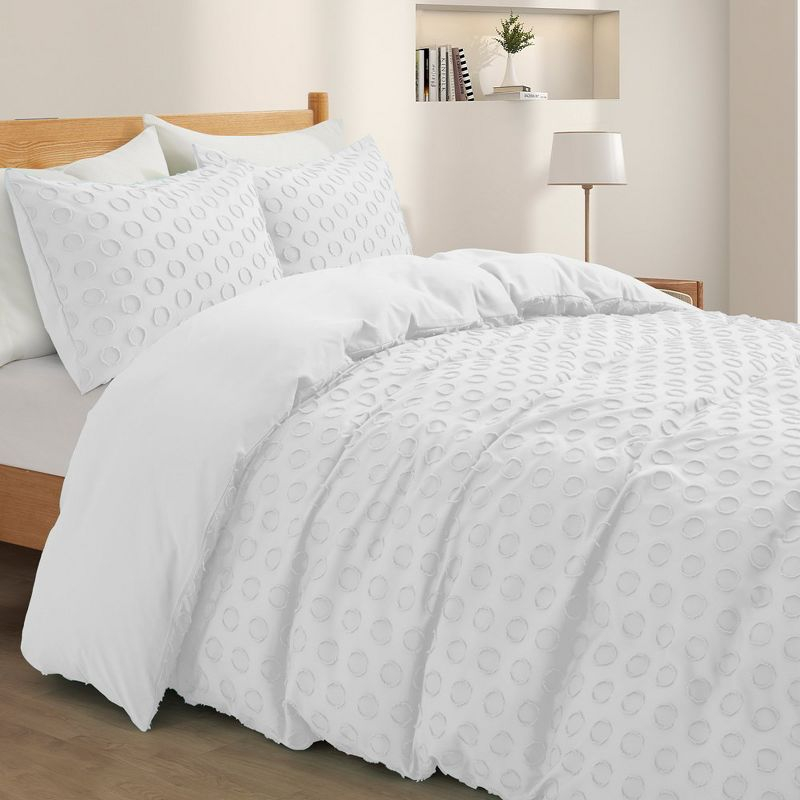 Peace Nest Tufted Clipped Jacquard Geometric Duvet Cover & Pillowcase Set, Circle White, Full/Queen, 90"x90"