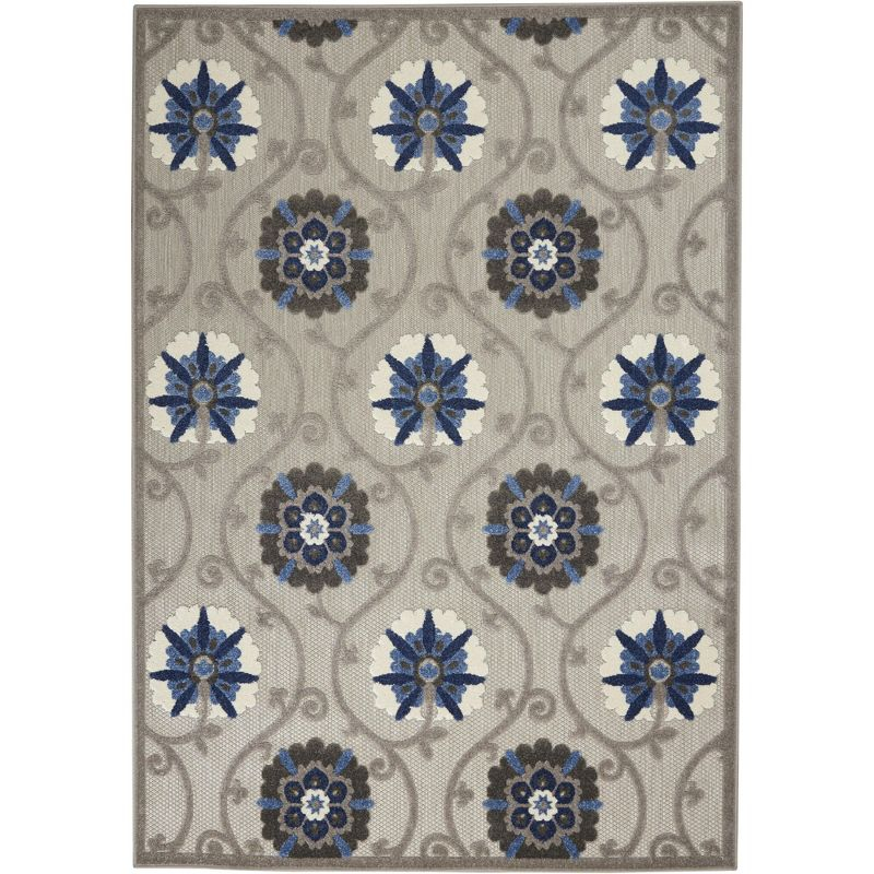 Nourison Aloha Contemporary Floral Flatweave High-Low Indoor Outdoor Area Rug Grey/Blue 3'6" x 5'6"