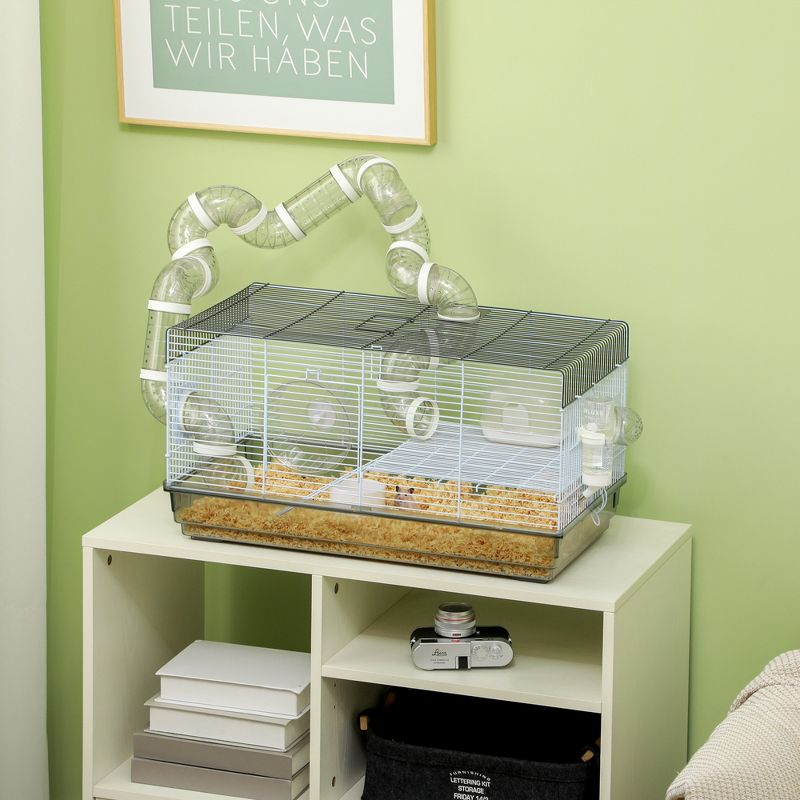 PawHut 2 Levels Hamster Cage for Gerbil or Dwarf Hamster with Tube Tunnels, Exercise Wheel, Food Dish, Water Bottle, Ramp, 23" x 13" x 12", Gray