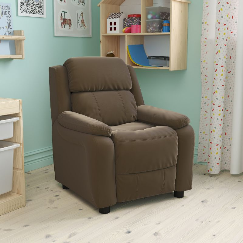 Emma and Oliver Deluxe Padded Brown Microfiber Kids Recliner with Storage Arms
