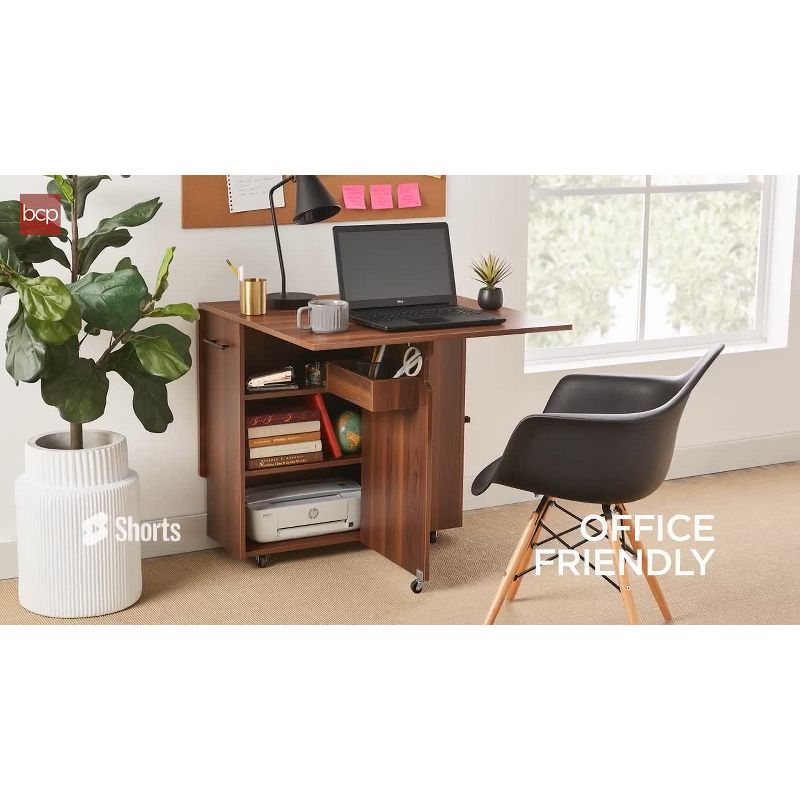 Best Choice Products Multipurpose Folding Table w/ Wheels, 3 Storage Shelves, Cubby, Handle - White