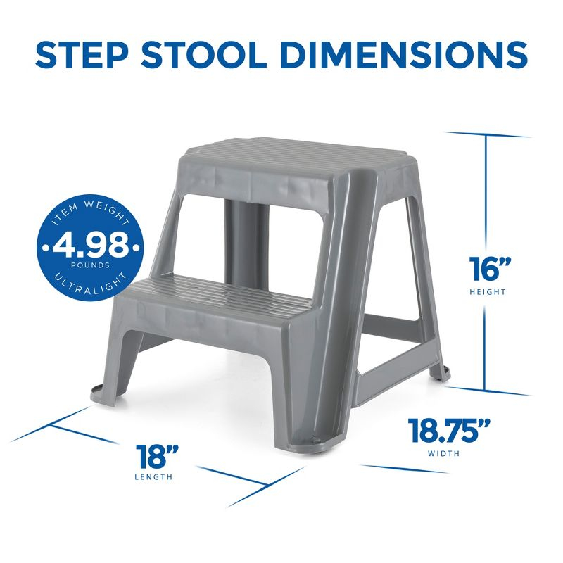 Gracious Living Plastic 2-Step Stool, Portable Step Stool for Home or Work, 16 Inches Tall, Gray