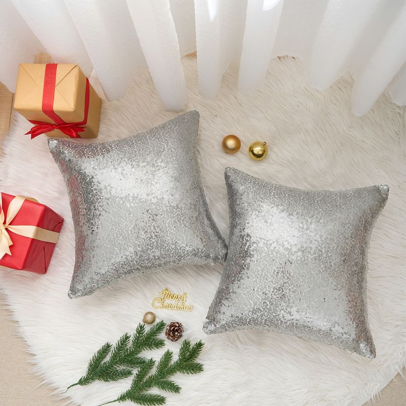 Unique Bargains Home Decor Sequin Square Glitter Decorative Personalized  Throw Pillow Covers 2 Pcs Silver 18" x 18"