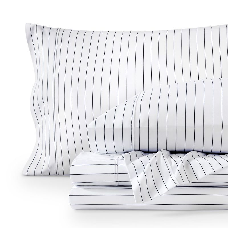 King Pinstripe - White/Midnight 4 Piece Printed Pattern Microfiber Sheet Set by Bare Home
