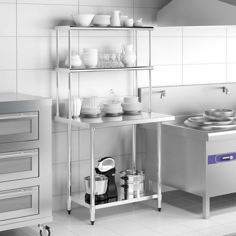 Costway Stainless Steel Table with Overshelves 36'' X 24'' Work Table with 36'' X 12'' Shelf