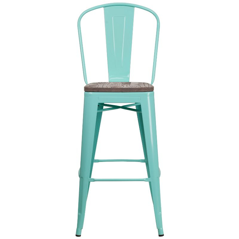 Flash Furniture 30" High Mint Green Metal Barstool with Back and Wood Seat