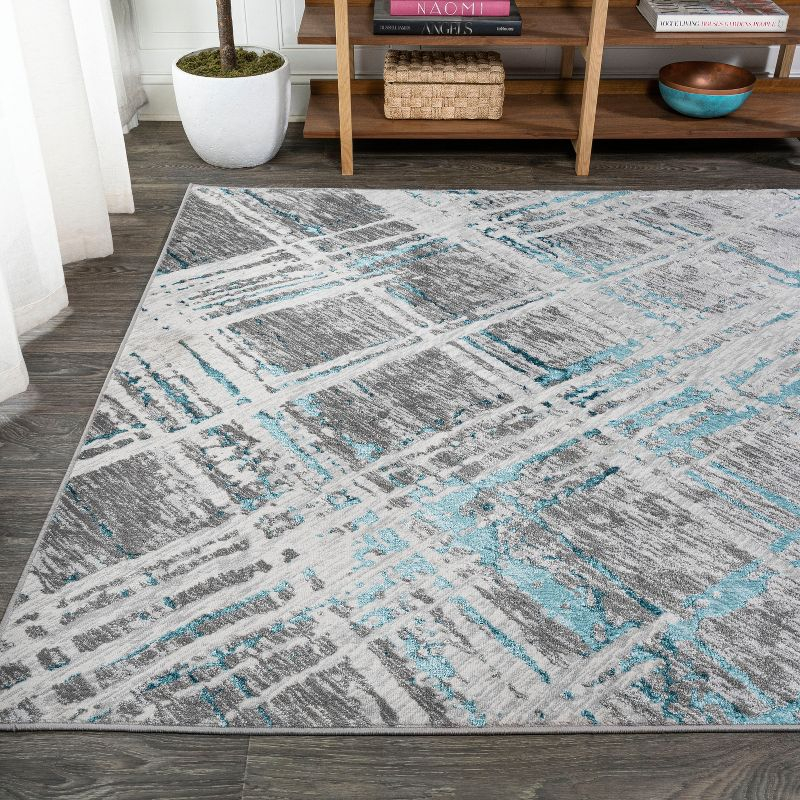 8'x10' Slant Modern Abstract Area Rug, Gray/Turquoise - JONATHAN Y