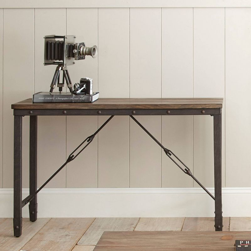 Jersey Sofa Table Antique Oak - Steve Silver Co.: Industrial Design, Entryway, with Metal Glides & Iron Frame