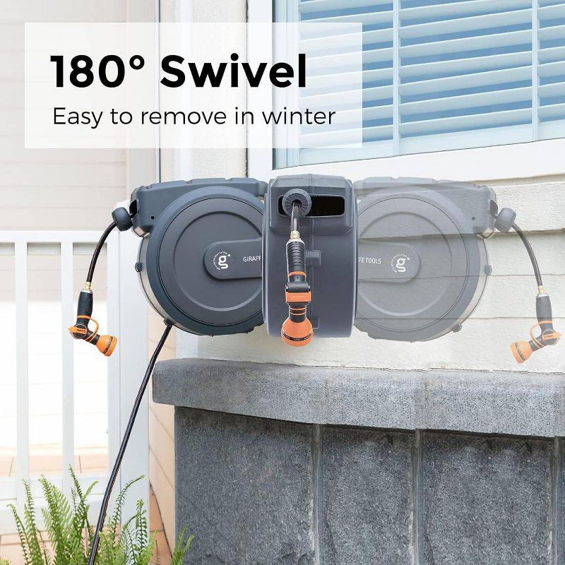 Giraffe Tools 78' Garden Retractable Mounted Hose Hangers Dark Gray