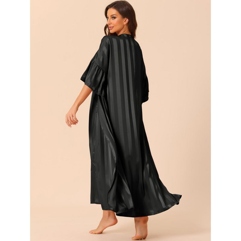 cheibear Women's 3/4 Sleeves Satin Silky Stripe 2 Pcs Pajamas Nightgowns with Robes Black X-Small