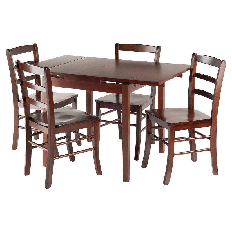 5pc Pulman Dining Set with Ladder Back Chairs Wood/Walnut - Winsome: Mid-Century Modern, Square Table, 4 Stools