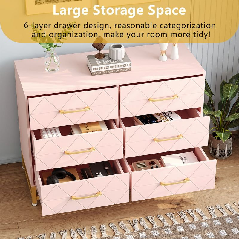 Garvee Dresser for Bedroom with 6 Drawer, Wood Dressers Chest of Drawers with Wide Drawers and Metal Handles for Living Room Hallway Entryway, Pink