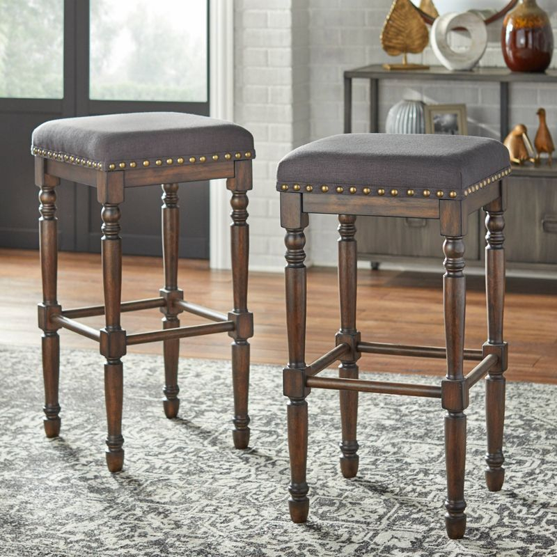 30" Set of 2 Grafton Turned Leg Barstools Charcoal Gray - Lifestorey: Rustic-Brown Finish, Nailhead Trim