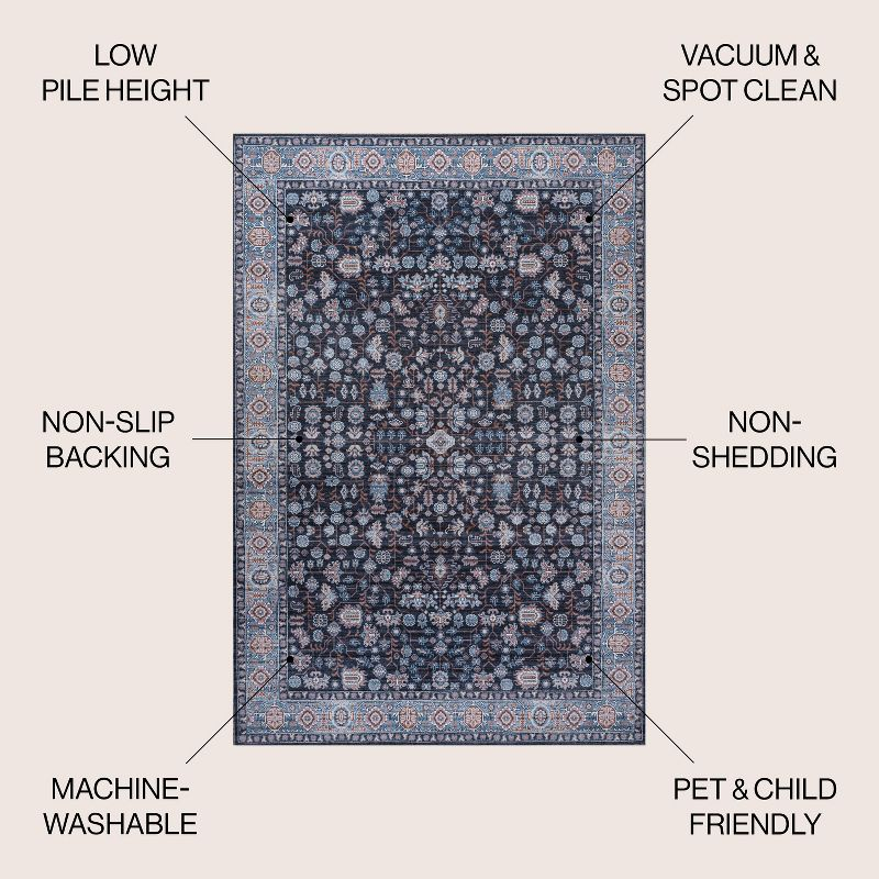 Kemer All-Over Persian Machine-Washable Black/Blue 3 ft. x 5 ft. Area Rug - JONATHAN Y