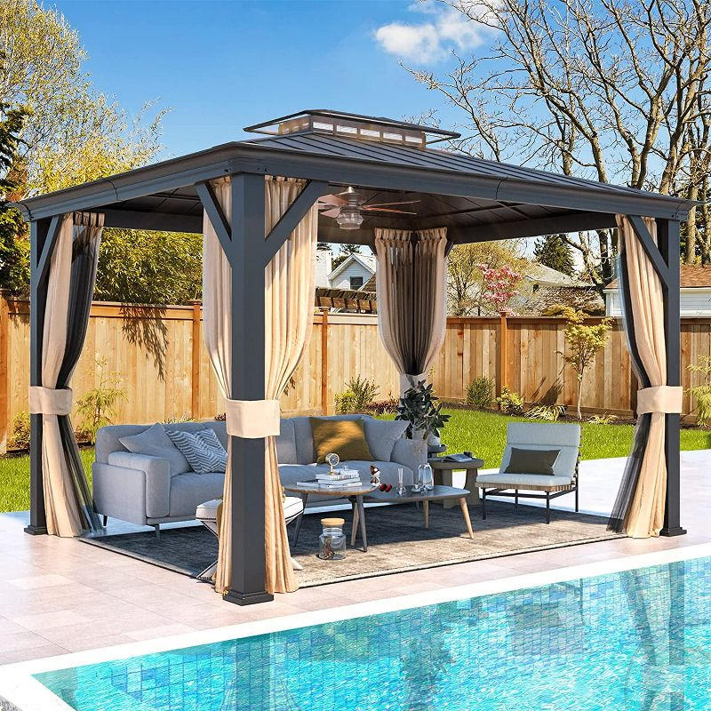 Erommy 12'x10' Hardtop Gazebo, Outdoor Gazebo Canopy, Acrylic & Galvanized Steel Roof, Aluminum Frame with Curtains and Netting, Sunshade for Garden