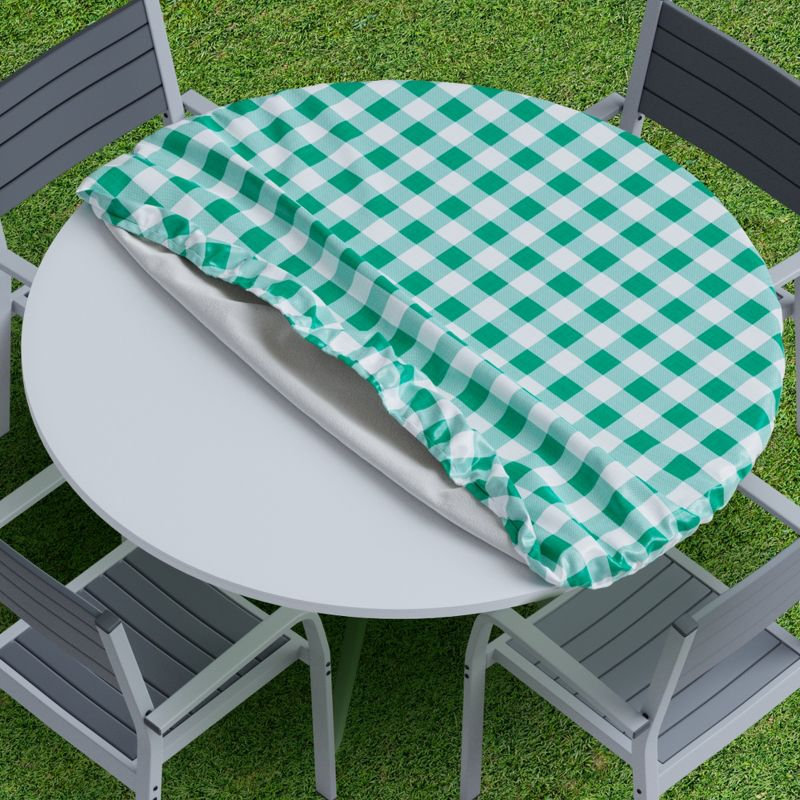 Round Tablecloth -Fitted with Elastic, Vinyl with Flannel Back, 30” Round Green Checked Design,- By Sorfey