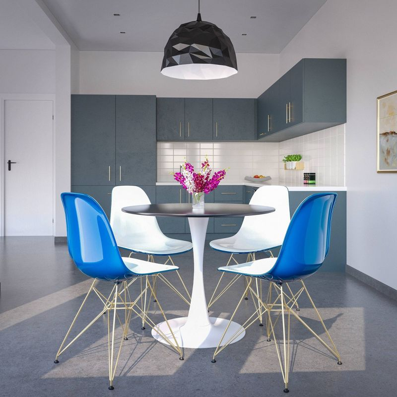 LeisureMod 5-Piece Dining Set with 35" Round Dining Table in White Iron Pedestal Base and 4 ABS Plastic Side Chair with Gold Base, White Blue
