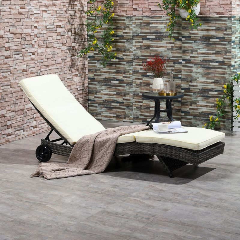 Outsunny Patio Wicker Chaise Lounge Chair, Outdoor PE Rattan Sun lounger w/ 5-Level Adjustable Backrest & 2 Wheels for Easy Movement, Off-white