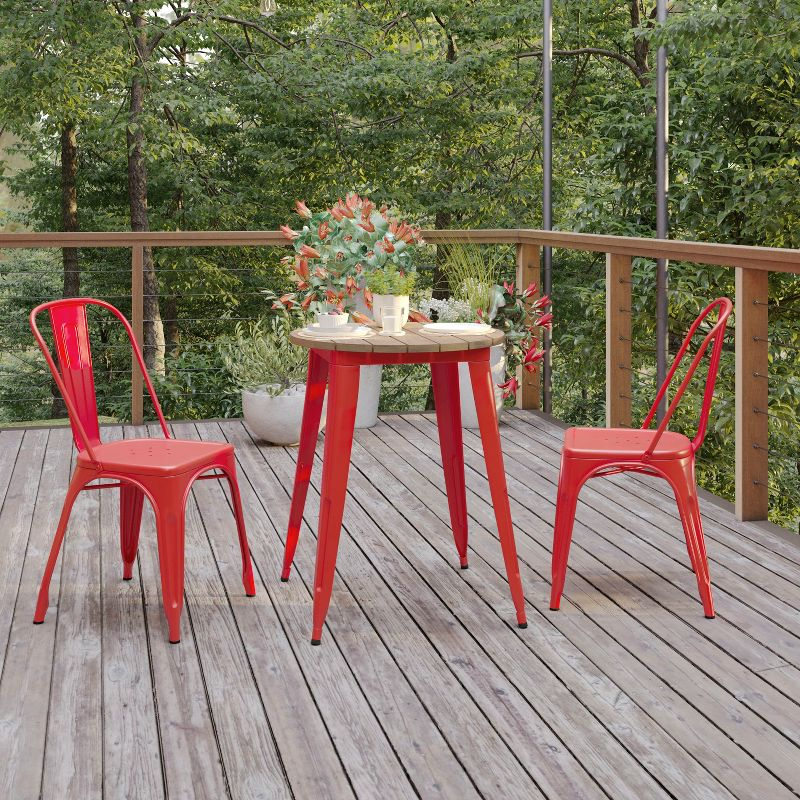 Flash Furniture Declan Commercial Grade Indoor/Outdoor Dining Table, 23.75" Round All Weather Brown Poly Resin Top with Red Steel Base
