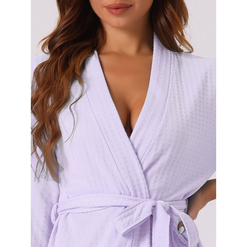 cheibear Women's Mid-Length Two Pockets Soft Spa & Bath Waffle Robes With Belt Purple Small