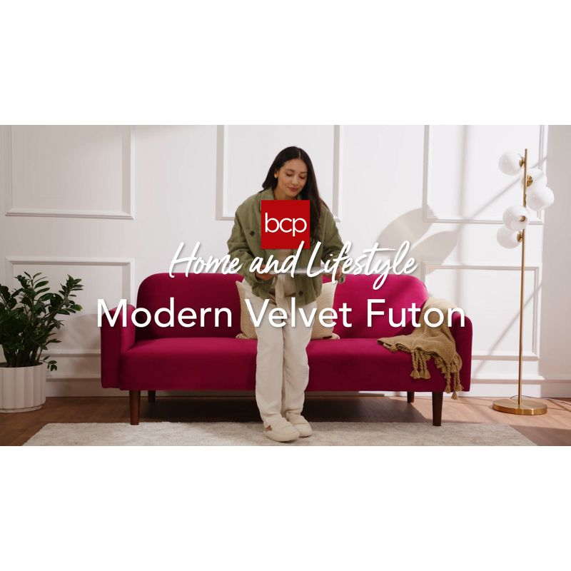 Best Choice Products Curved Convertible Futon, Velvet Fabric Split-Back Sleeper Bed - Plum