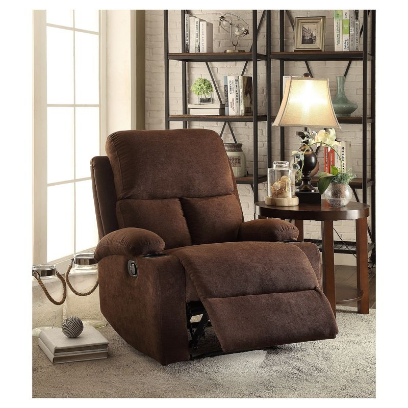 Rosia Linen Recliner Chocolate - Acme Furniture: Microfiber, Cup Holders, Wood Frame