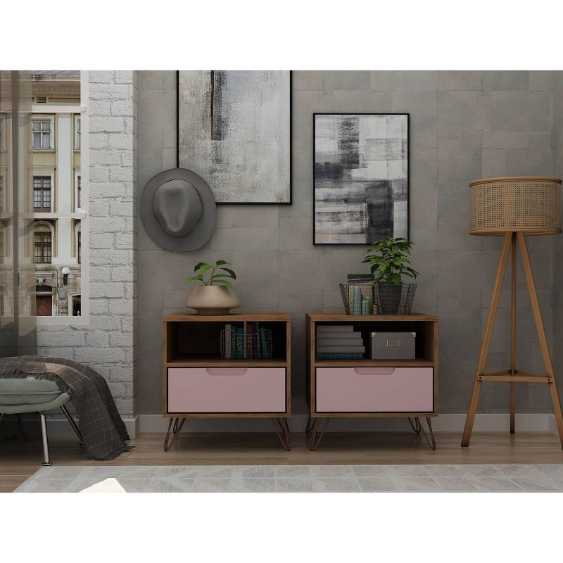 Set of 2 Rockefeller 1 Drawer Nightstands Nature/Rose Pink - Manhattan Comfort: Mid-century Design, Metal Legs, MDF