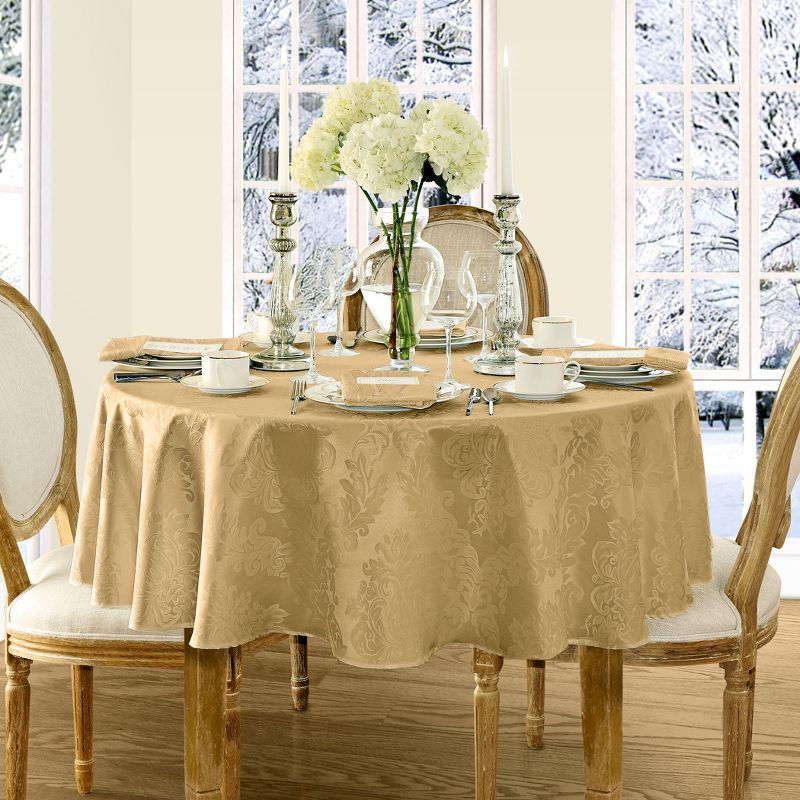 Barcelona Jacquard Damask Stain Resistant Tablecloth - 60" x 84" Oval - Gold - Elrene Home Fashions