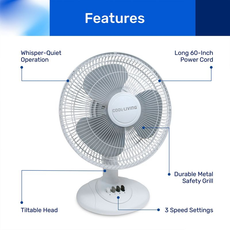 Cool Living CL-30 12-Inch 3-Speed Oscillating Table Fan, Standing Fan for Table or Counter, White