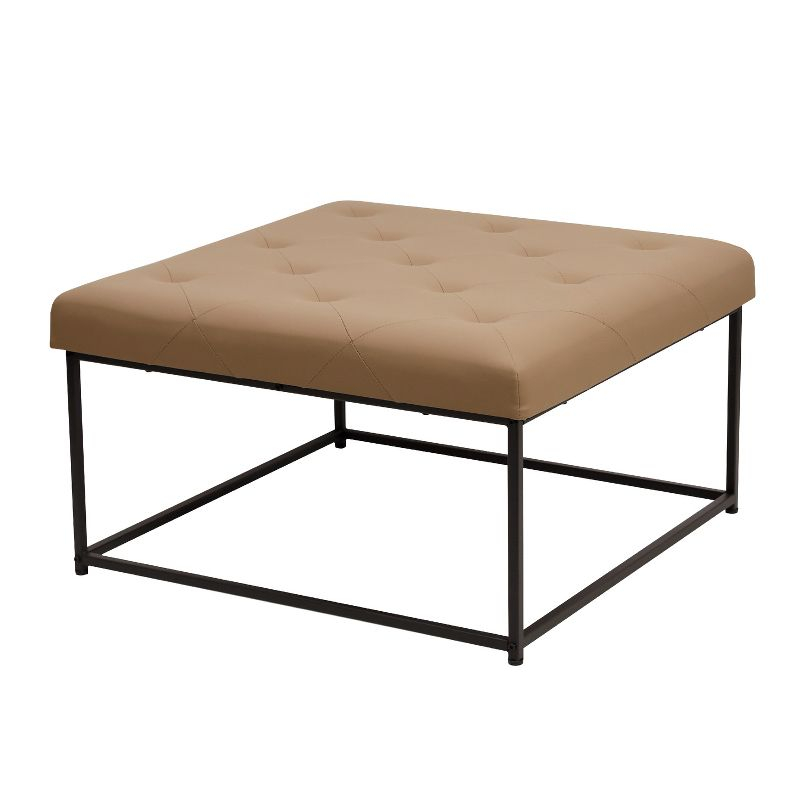 Emma and Oliver 30 in. Faux Leather Square Ottoman with Tufted Design and Sturdy Iron Frame, Light Brown Faux Leather/Black Frame