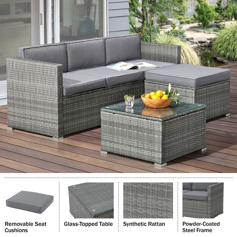 Patio Furniture Set – 3-Piece Rattan Outdoor Sofa, Ottoman, and Table Combo for Deck, Pool, Sunroom or Backyard Furniture by Lavish Home (Gray/Blue)