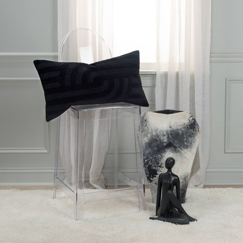14"x26" Oversized Solid Striped Poly Filled Lumbar Throw Pillow Black - Rizzy Home: Cotton Velvet, Embroidered, Modern Industrial Design