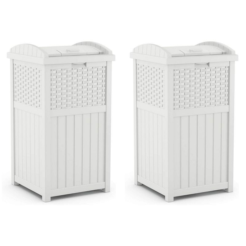 Suncast Wicker Resin Outdoor Hideaway Trash Can Bin with Latching Lid for Use in Backyard, Deck, or Patio, White (2 Pack)