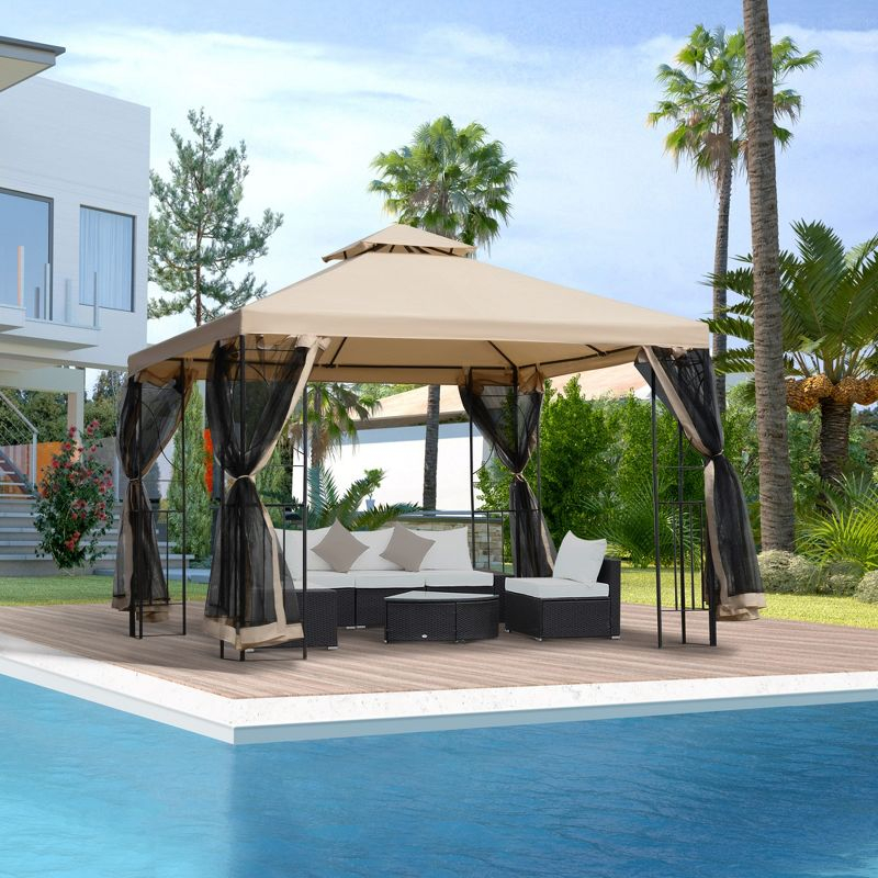 Outsunny 10' x 10' Steel Outdoor Patio Gazebo Canopy with Privacy Mesh Curtains, Weather-Resistant Roof, & Storage Trays