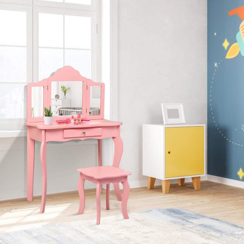 Infans Kids Vanity Table & Stool Princess Dressing Make Up Play Set for Girls Pink