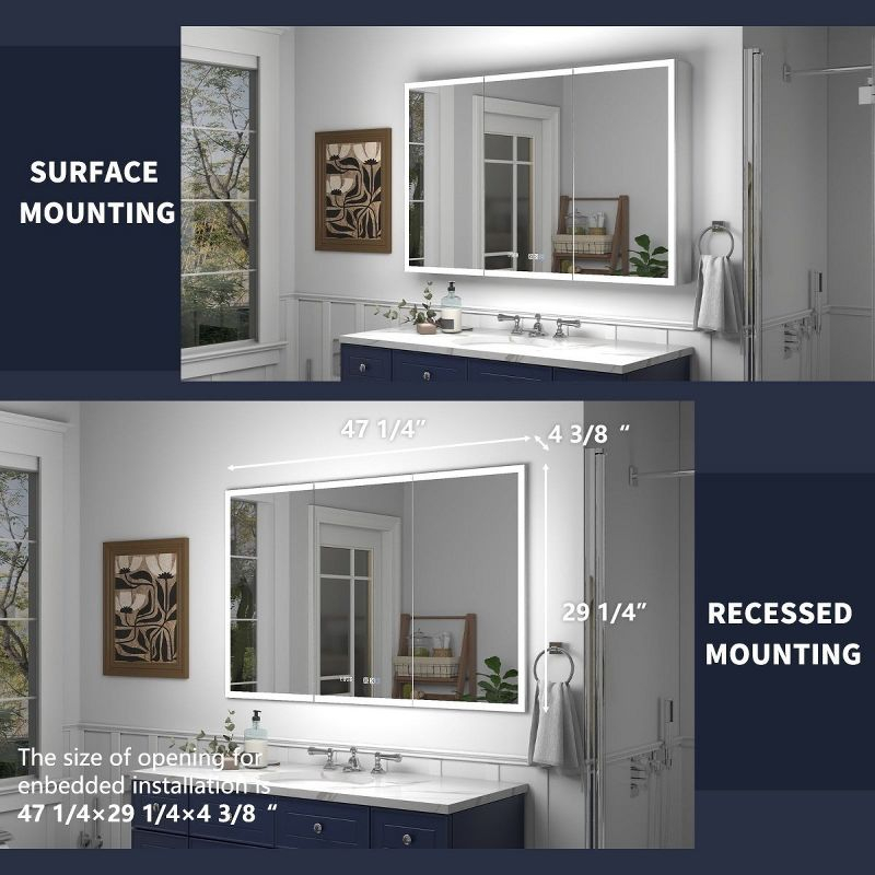 LED Lighted Medicine Cabinet 48x30 Recessed Surface Mount Clock Mirrors, 48"W x 30"H