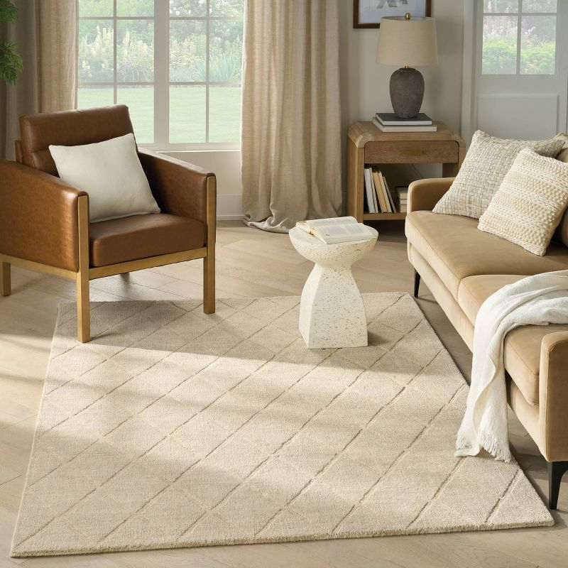 Nourison 5'3"x7'3" Wool Haven Modern Handwoven Area Rug Beige: Geometric Diamond Pattern, Medium Pile, Hand-Carved