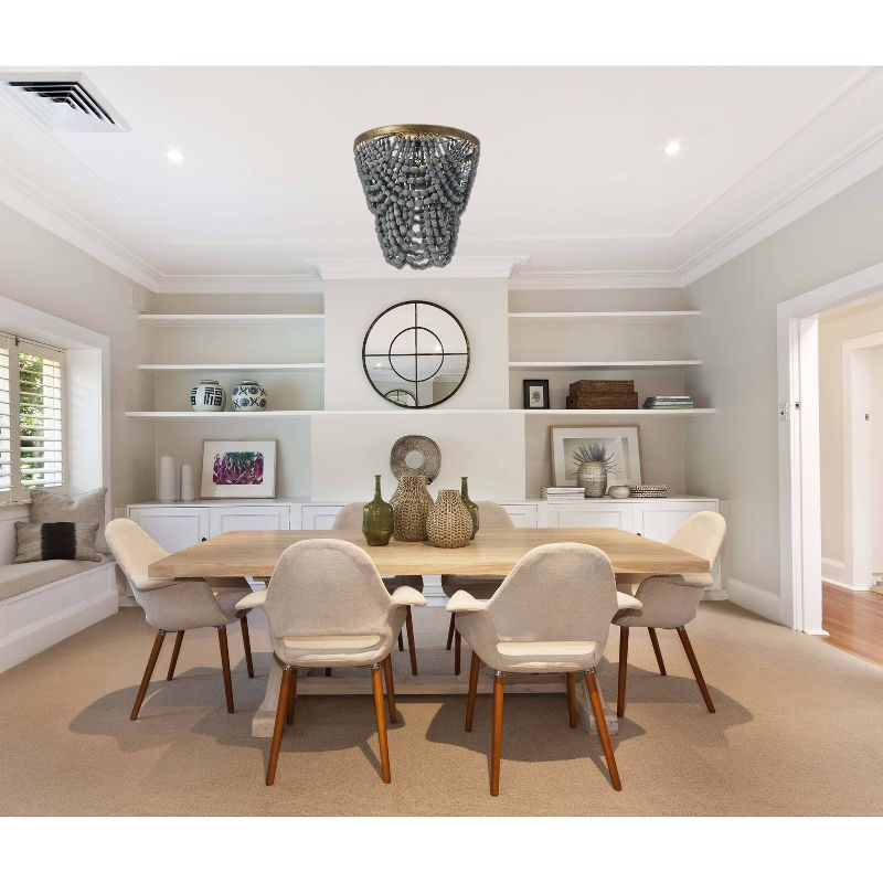 Storied Home 2-Tier Draped Wood Bead Semi-Flush Mount Ceiling Light Gray: ETL & UL Listed, Iron Body