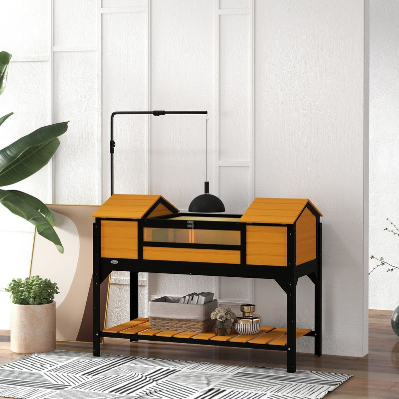 PawHut Tortoise Habitat with Adjustable Lamp Holder, Wooden Tortoise Enclosure with Storage Shelf, Dual Main Houses, Fixed Tray, Openable Lid, Yellow