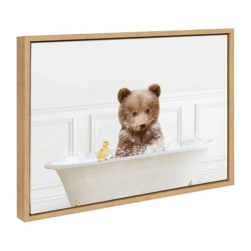 Kate and Laurel Sylvie Bear Cub In Bubble Bath Neutral Style Framed Canvas by Amy Peterson Art Studio, 18x24, Natural